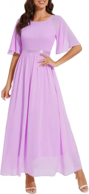Womens Chiffon Bridesmaid Formal Gowns Short Sleeve Smocked Cocktail Prom Wedding Guest Maxi Dress