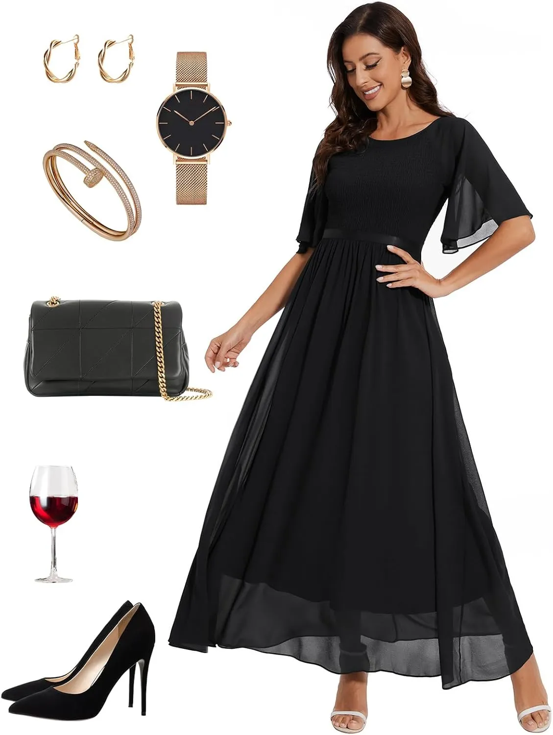 Womens Chiffon Bridesmaid Formal Gowns Short Sleeve Smocked Cocktail Prom Wedding Guest Maxi Dress