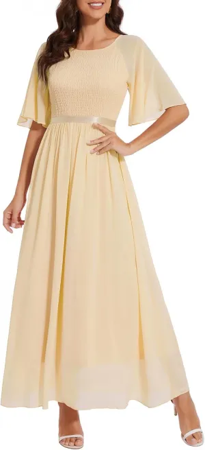 Womens Chiffon Bridesmaid Formal Gowns Short Sleeve Smocked Cocktail Prom Wedding Guest Maxi Dress