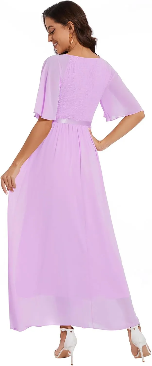 Womens Chiffon Bridesmaid Formal Gowns Short Sleeve Smocked Cocktail Prom Wedding Guest Maxi Dress