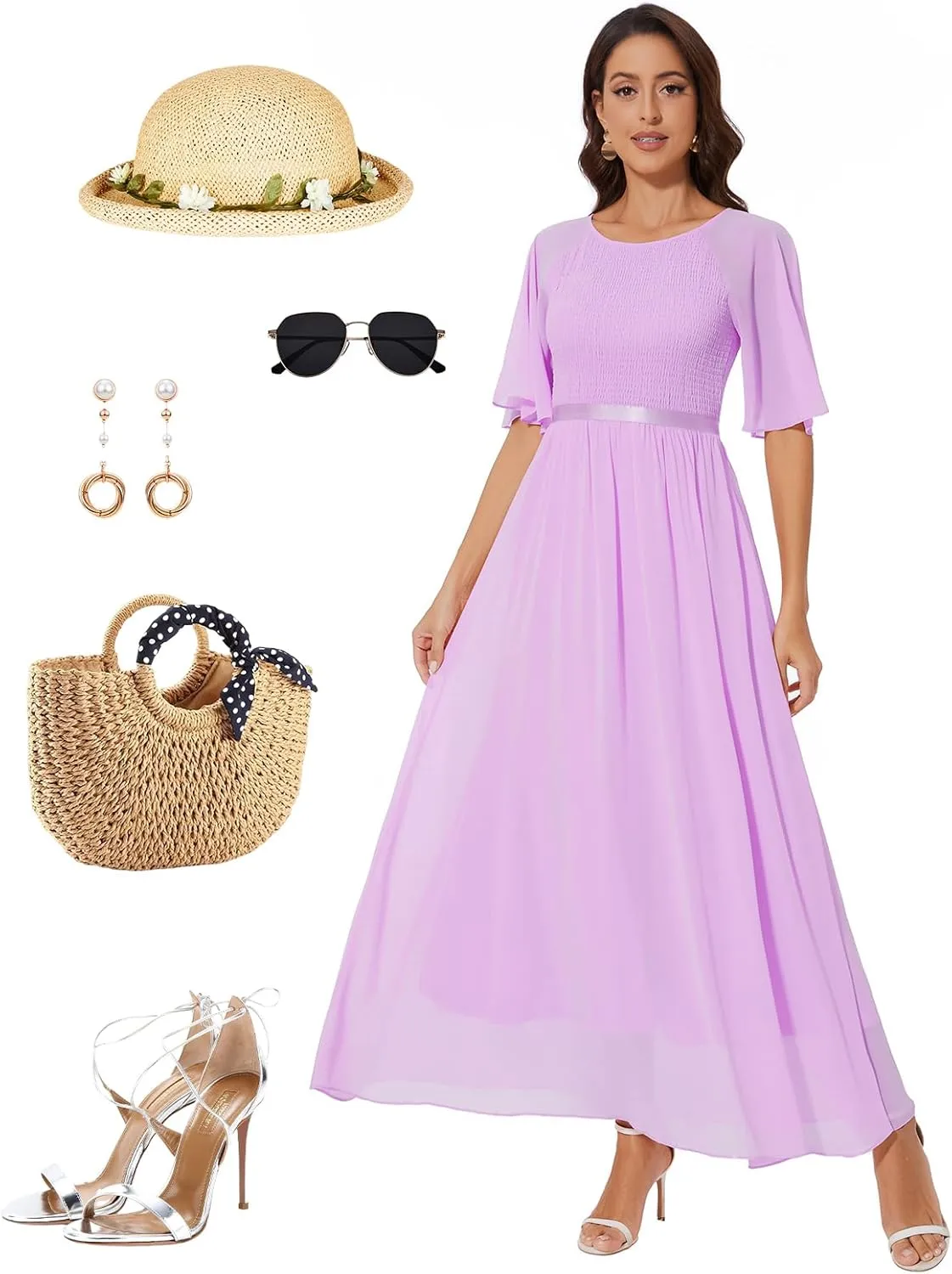 Womens Chiffon Bridesmaid Formal Gowns Short Sleeve Smocked Cocktail Prom Wedding Guest Maxi Dress