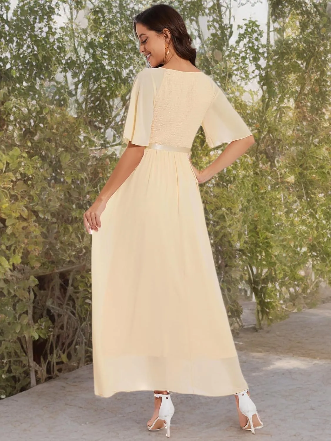 Womens Chiffon Bridesmaid Formal Gowns Short Sleeve Smocked Cocktail Prom Wedding Guest Maxi Dress