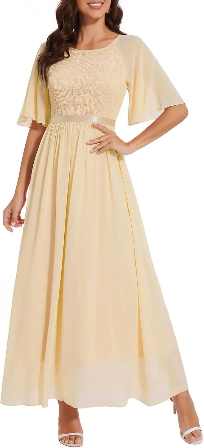 Womens Chiffon Bridesmaid Formal Gowns Short Sleeve Smocked Cocktail Prom Wedding Guest Maxi Dress