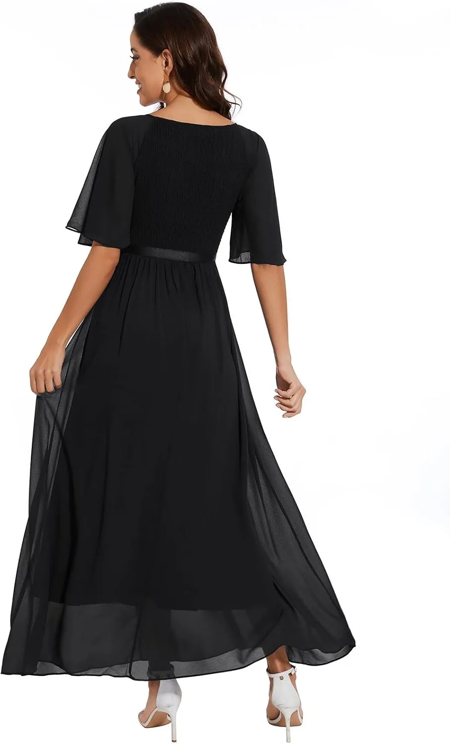 Womens Chiffon Bridesmaid Formal Gowns Short Sleeve Smocked Cocktail Prom Wedding Guest Maxi Dress