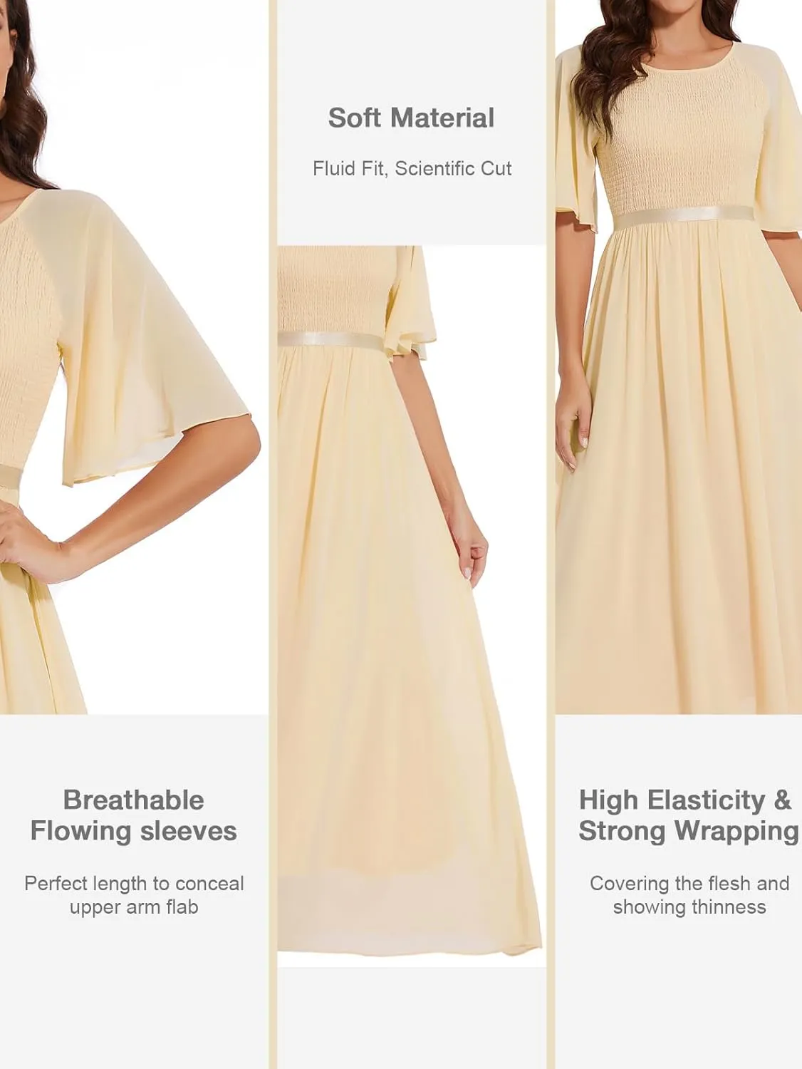 Womens Chiffon Bridesmaid Formal Gowns Short Sleeve Smocked Cocktail Prom Wedding Guest Maxi Dress