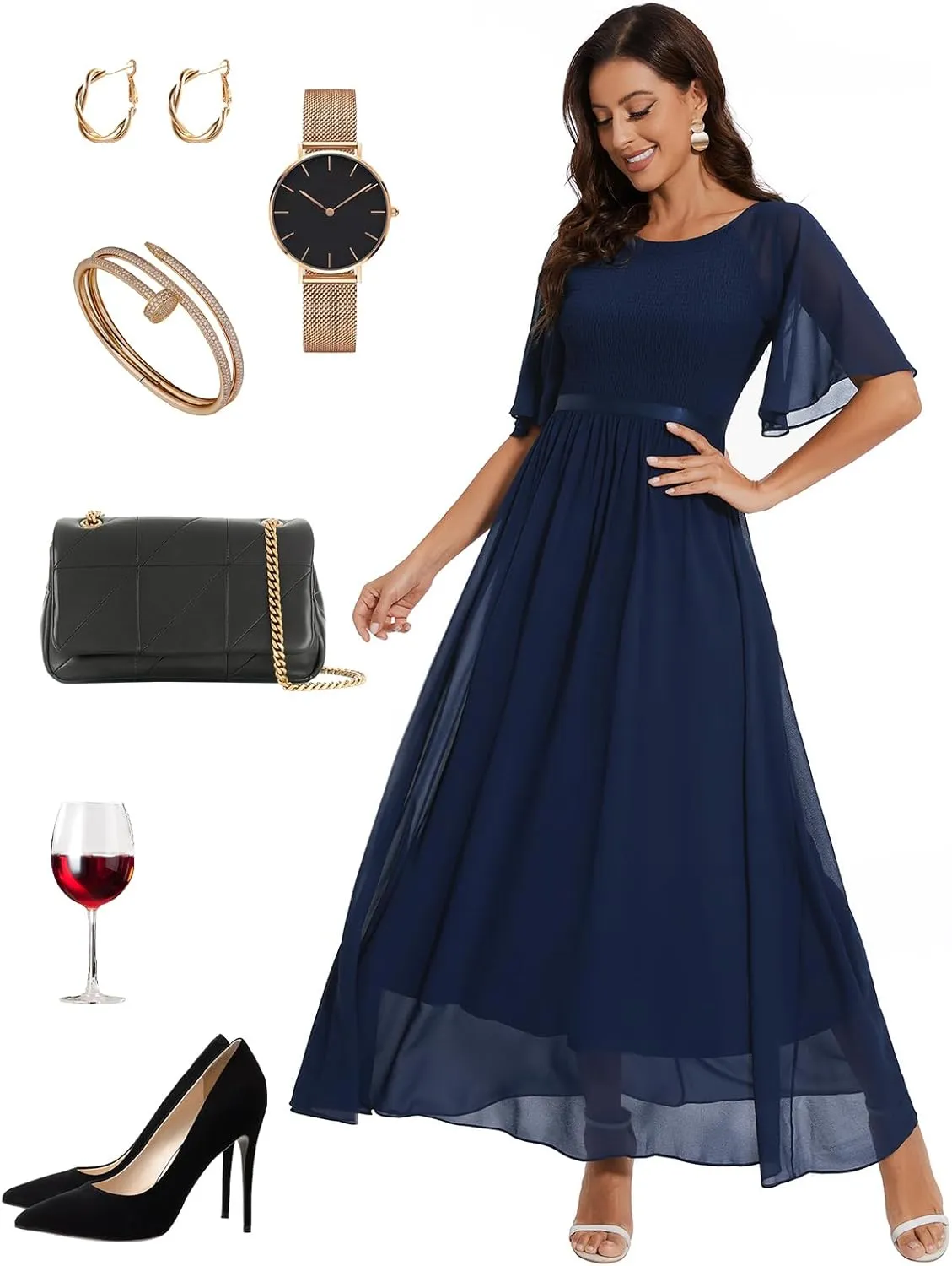 Womens Chiffon Bridesmaid Formal Gowns Short Sleeve Smocked Cocktail Prom Wedding Guest Maxi Dress