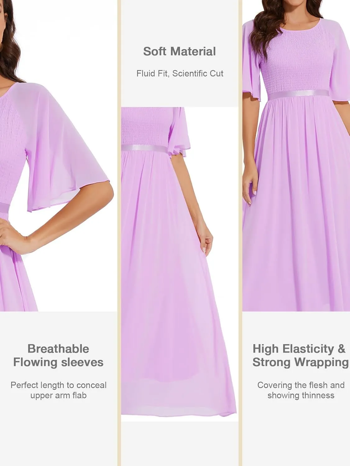 Womens Chiffon Bridesmaid Formal Gowns Short Sleeve Smocked Cocktail Prom Wedding Guest Maxi Dress