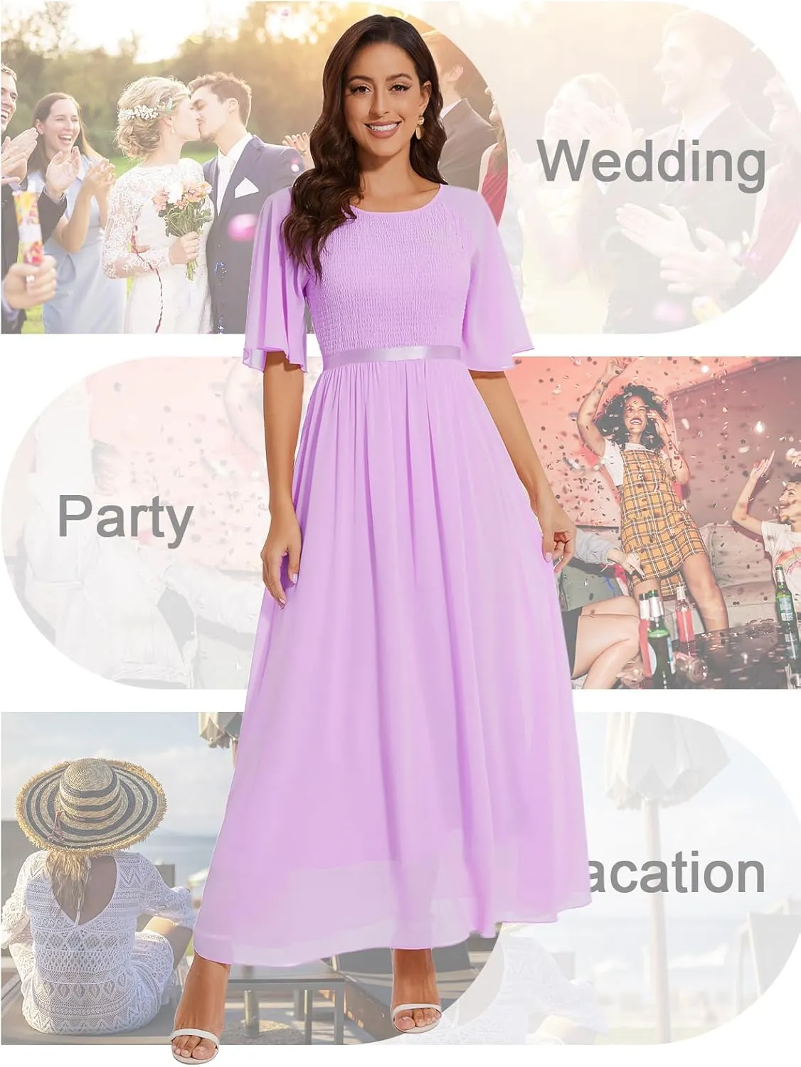 Womens Chiffon Bridesmaid Formal Gowns Short Sleeve Smocked Cocktail Prom Wedding Guest Maxi Dress