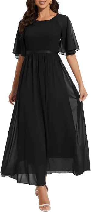 Womens Chiffon Bridesmaid Formal Gowns Short Sleeve Smocked Cocktail Prom Wedding Guest Maxi Dress