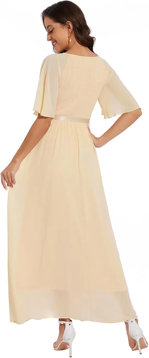 Womens Chiffon Bridesmaid Formal Gowns Short Sleeve Smocked Cocktail Prom Wedding Guest Maxi Dress