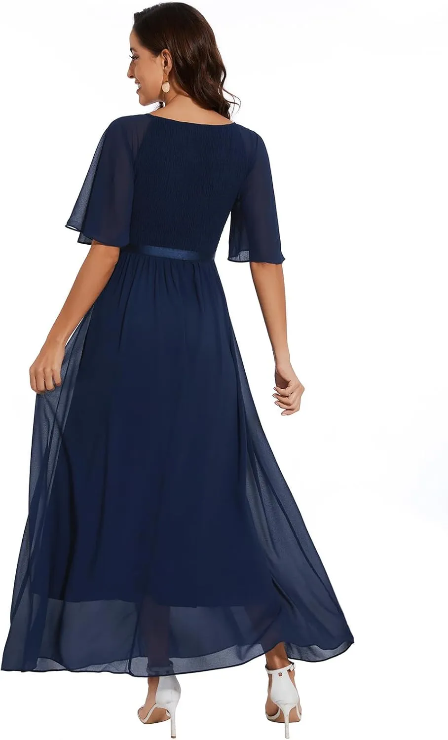 Womens Chiffon Bridesmaid Formal Gowns Short Sleeve Smocked Cocktail Prom Wedding Guest Maxi Dress