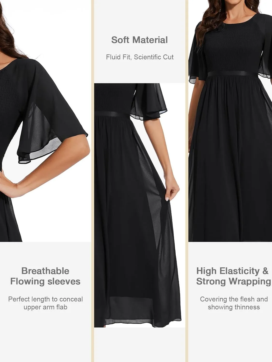 Womens Chiffon Bridesmaid Formal Gowns Short Sleeve Smocked Cocktail Prom Wedding Guest Maxi Dress