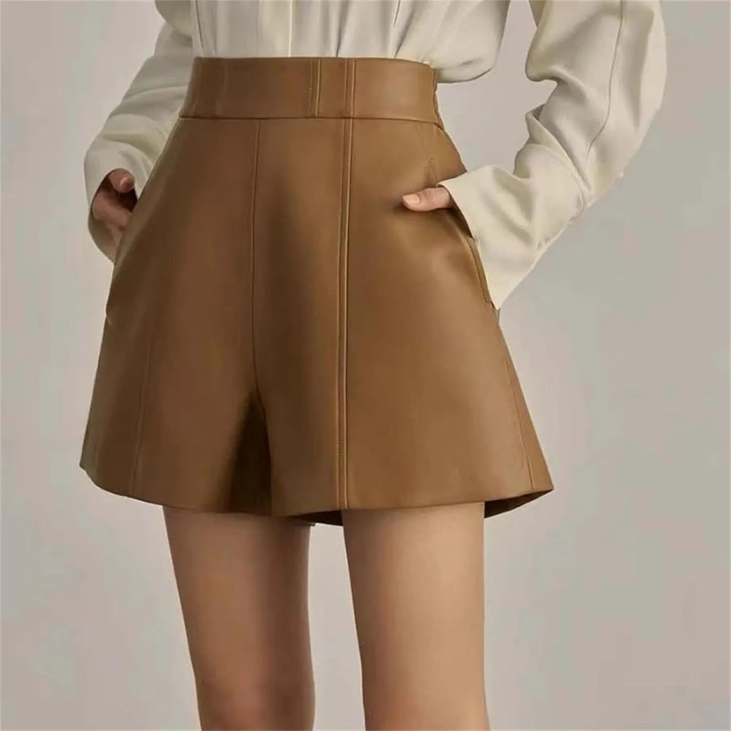 Womens Cropped Leather High Waist Shorts French Tuck Friendly for Minimalist Capsule Wardrobes