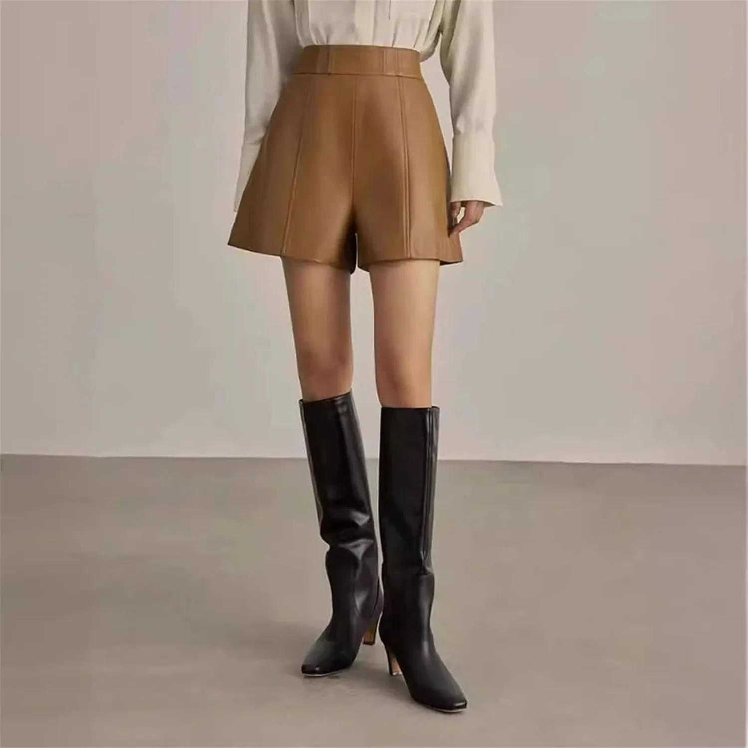 Womens Cropped Leather High Waist Shorts French Tuck Friendly for Minimalist Capsule Wardrobes