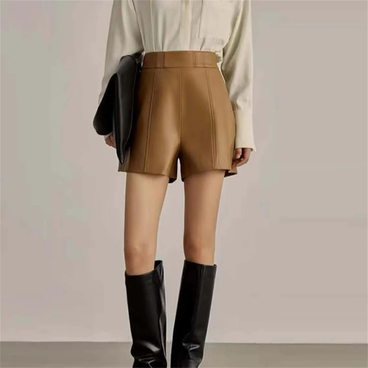 Womens Cropped Leather High Waist Shorts French Tuck Friendly for Minimalist Capsule Wardrobes