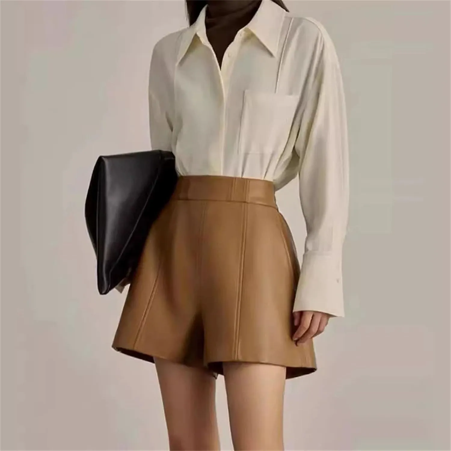 Womens Cropped Leather High Waist Shorts French Tuck Friendly for Minimalist Capsule Wardrobes