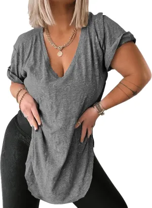 Womens Deep V Neck Tops Summer Short Sleeve Oversized T Shirt Side Slit High Low Tunic Tops