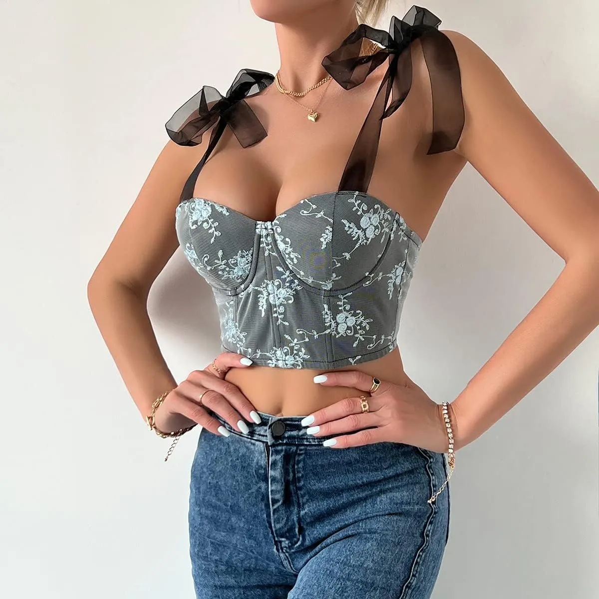 Women's Floral Lace Cami Crop Top Spaghetti Strap Sheer Mesh Corset Bustier Tops Bralette