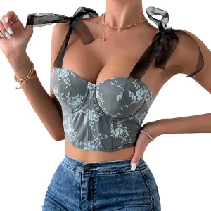 Women's Floral Lace Cami Crop Top Spaghetti Strap Sheer Mesh Corset Bustier Tops Bralette