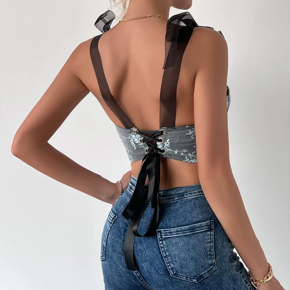 Women's Floral Lace Cami Crop Top Spaghetti Strap Sheer Mesh Corset Bustier Tops Bralette