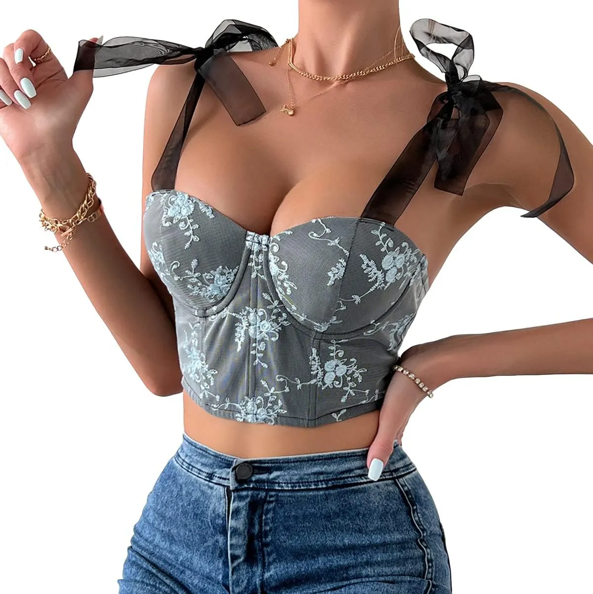 Women's Floral Lace Cami Crop Top Spaghetti Strap Sheer Mesh Corset Bustier Tops Bralette