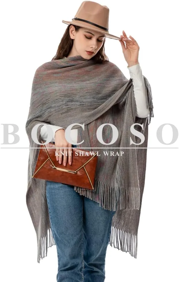 Women's Knit Shawl Wraps, Knitted Poncho Cape Open Front Cardigan Sweater with Tassel for Spring Fall Winter