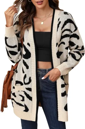 Women's Long Sleeve Animal Pront Cardigan Leopard Knit Sweater Open Front with Pockets Coat S-XL