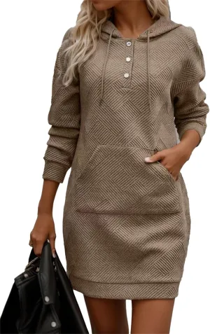 Women's Long Sleeve Texture Hoodie Dress Mini Oversized Tunic Sweatshirt Dresses Fall Modest Short Dress with Pocket