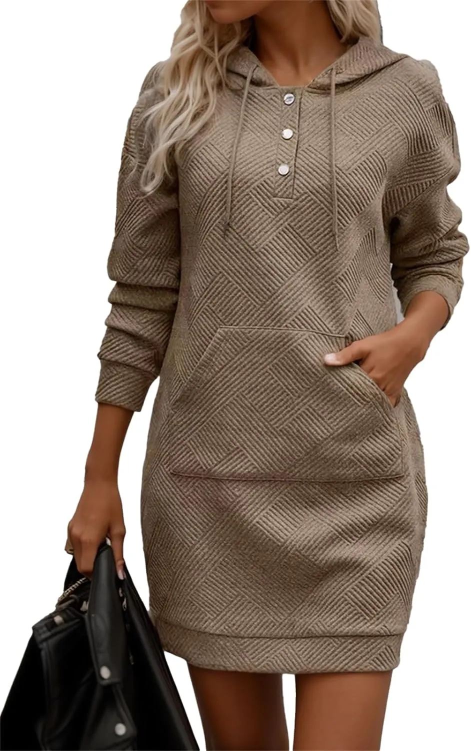 Women's Long Sleeve Texture Hoodie Dress Mini Oversized Tunic Sweatshirt Dresses Fall Modest Short Dress with Pocket