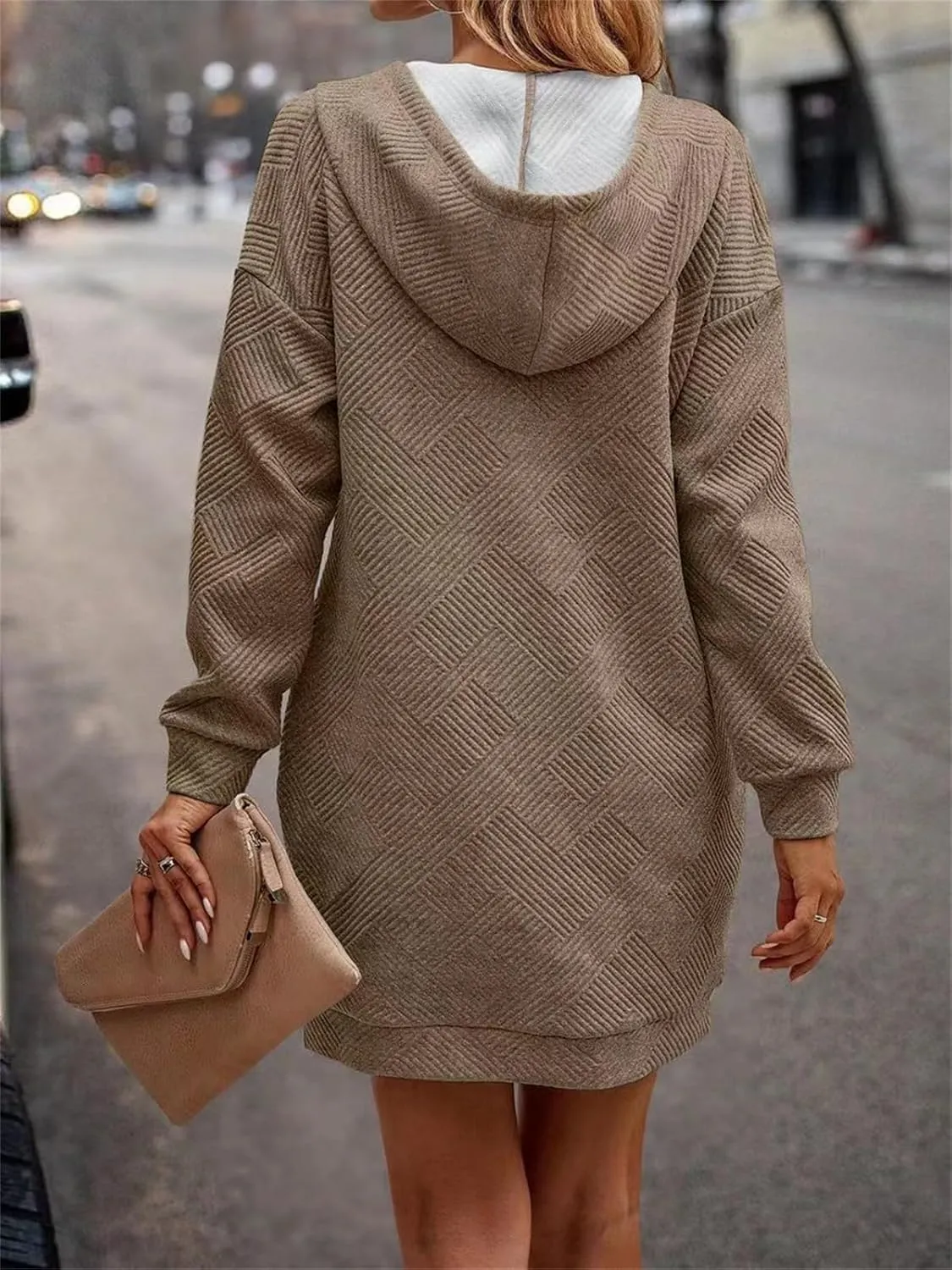 Women's Long Sleeve Texture Hoodie Dress Mini Oversized Tunic Sweatshirt Dresses Fall Modest Short Dress with Pocket
