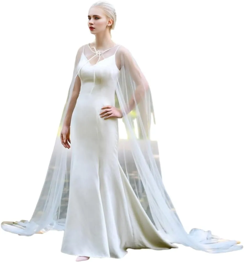 Women's Long Tulle Bridal Cape Wedding Veil Cloak Bridal Wraps Cathedral Length Wedding Capes Shawl Wrap Shrug for Women