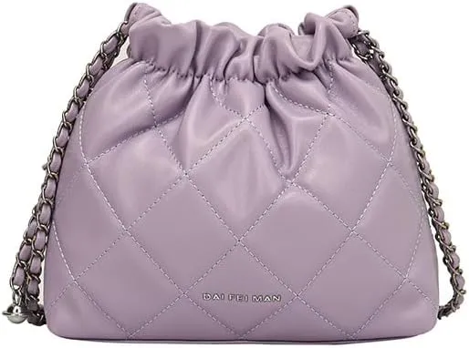 Women's minimalist diamond patterned drawstring one shoulder bucket bag