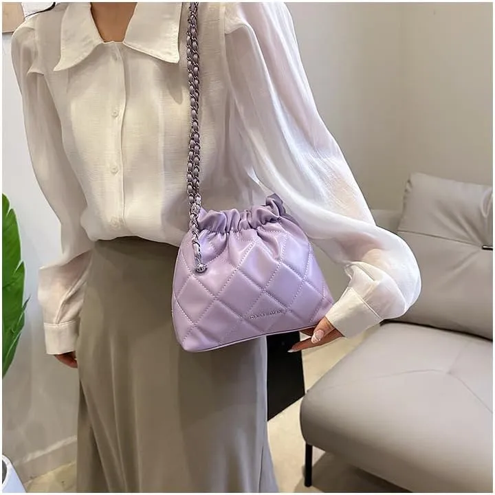 Women's minimalist diamond patterned drawstring one shoulder bucket bag