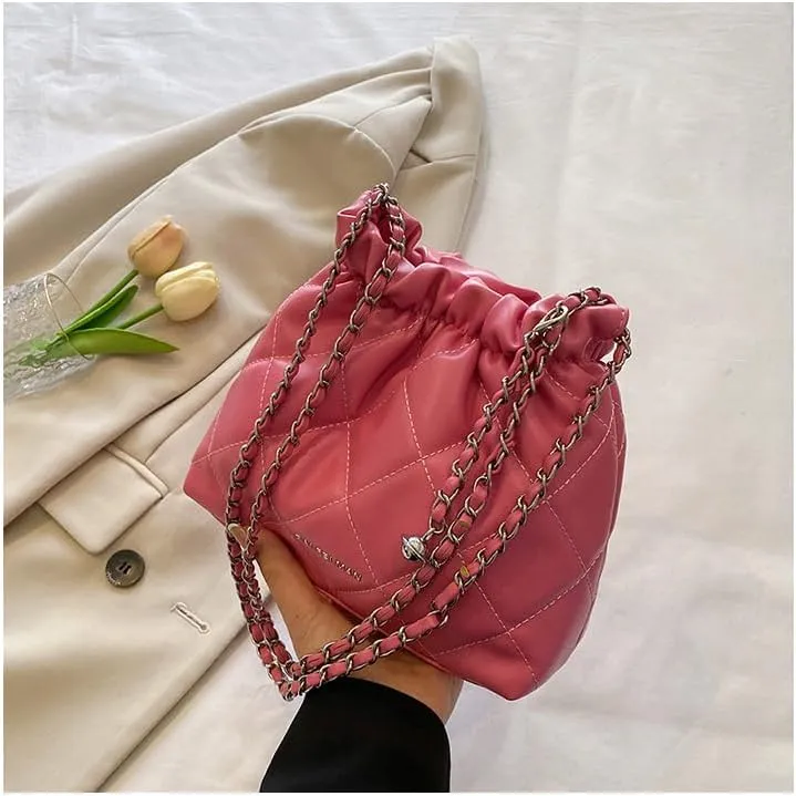 Women's minimalist diamond patterned drawstring one shoulder bucket bag
