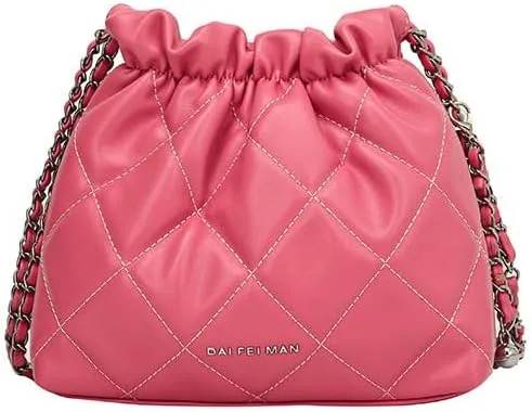 Women's minimalist diamond patterned drawstring one shoulder bucket bag