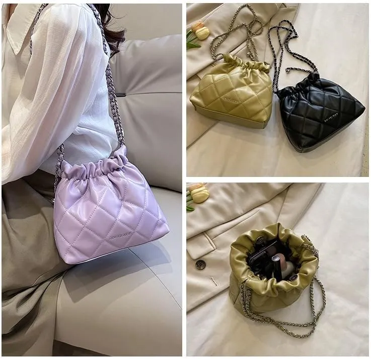 Women's minimalist diamond patterned drawstring one shoulder bucket bag