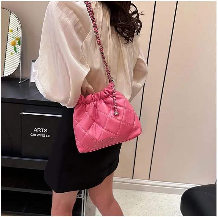 Women's minimalist diamond patterned drawstring one shoulder bucket bag
