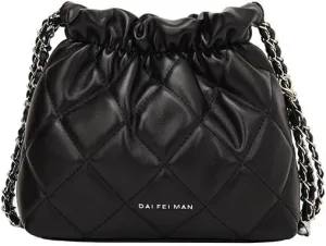Women's minimalist diamond patterned drawstring one shoulder bucket bag