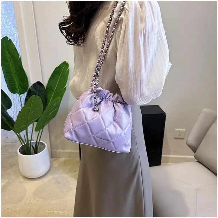 Women's minimalist diamond patterned drawstring one shoulder bucket bag