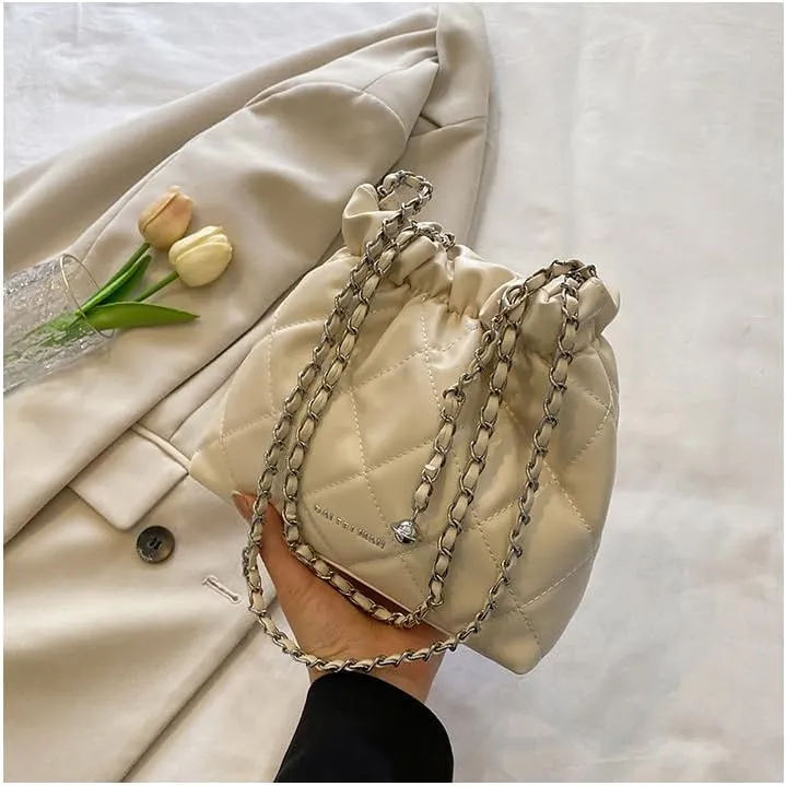 Women's minimalist diamond patterned drawstring one shoulder bucket bag