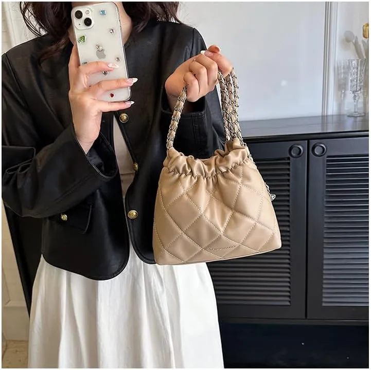 Women's minimalist diamond patterned drawstring one shoulder bucket bag