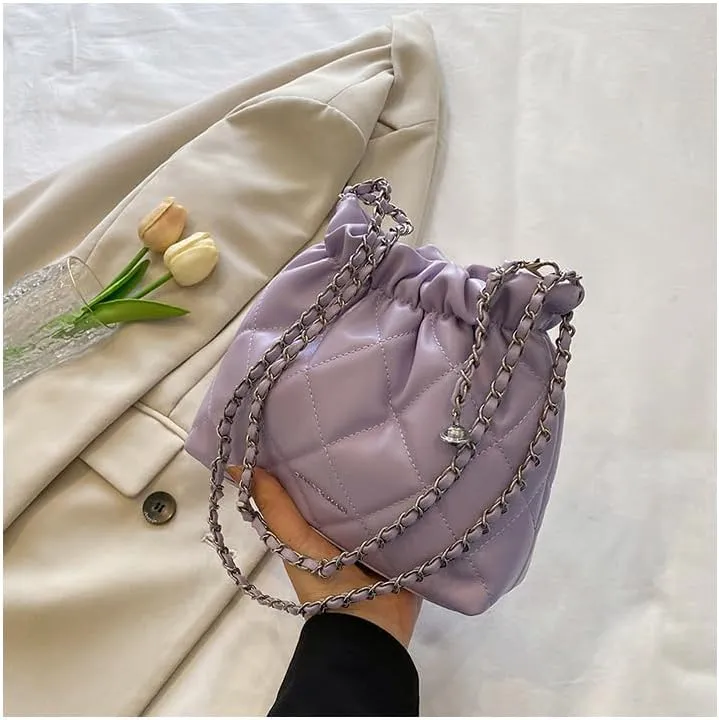 Women's minimalist diamond patterned drawstring one shoulder bucket bag