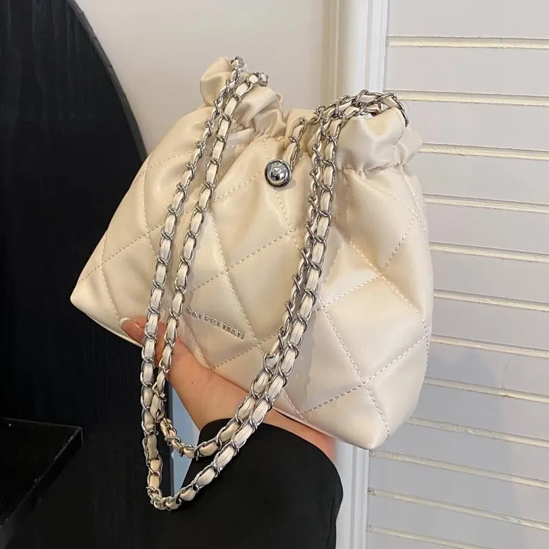 Women's minimalist diamond patterned drawstring one shoulder bucket bag