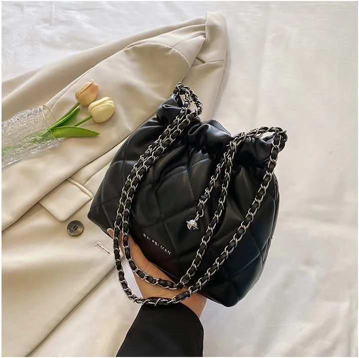 Women's minimalist diamond patterned drawstring one shoulder bucket bag