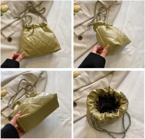 Women's minimalist diamond patterned drawstring one shoulder bucket bag