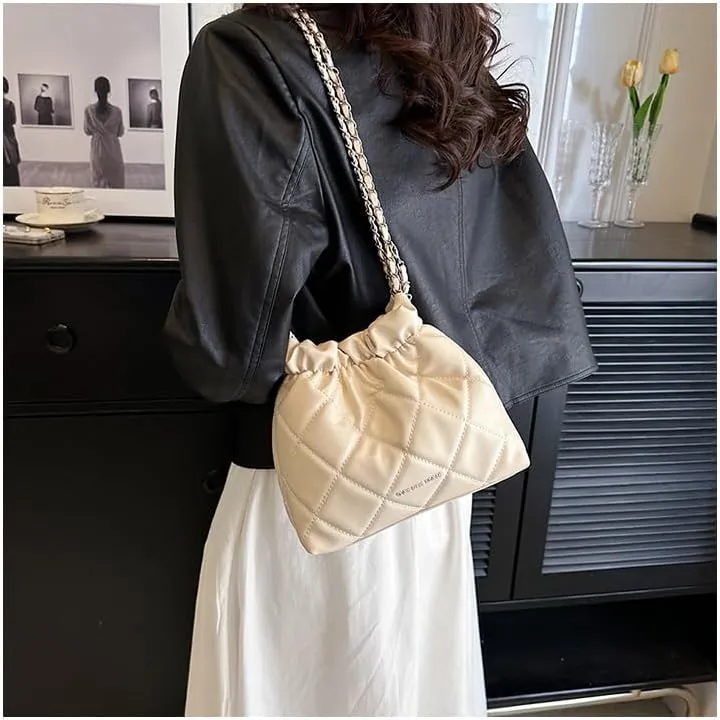 Women's minimalist diamond patterned drawstring one shoulder bucket bag