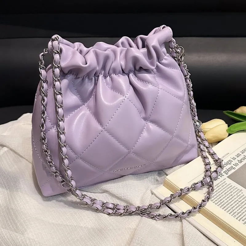 Women's minimalist diamond patterned drawstring one shoulder bucket bag