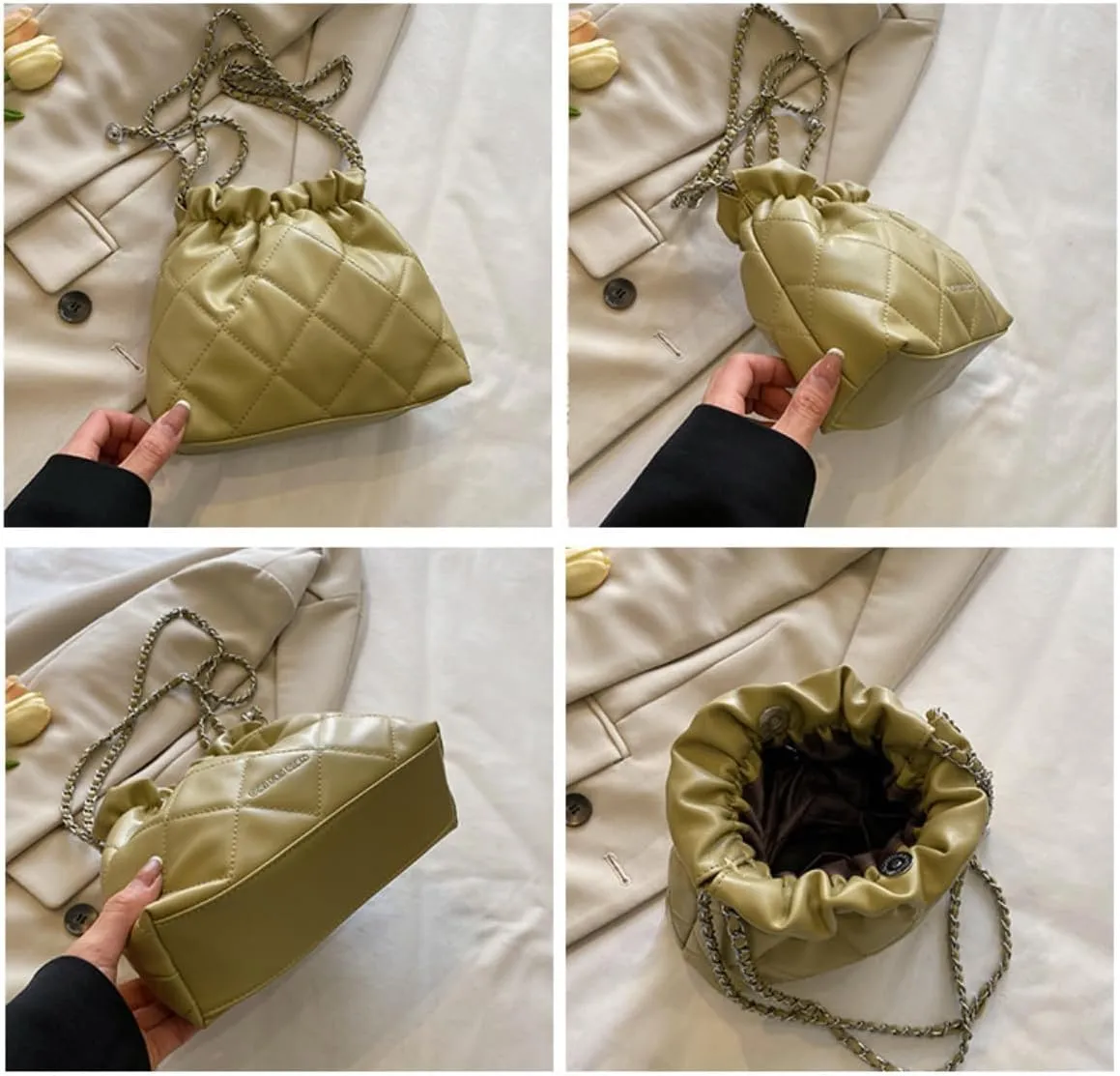 Women's minimalist diamond patterned drawstring one shoulder bucket bag