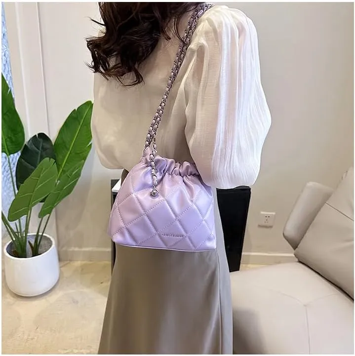 Women's minimalist diamond patterned drawstring one shoulder bucket bag