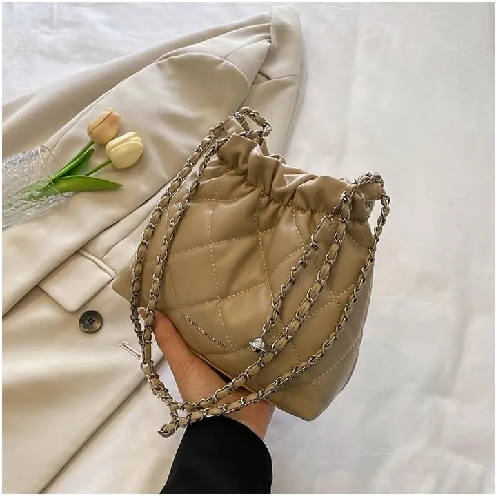 Women's minimalist diamond patterned drawstring one shoulder bucket bag